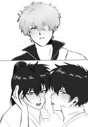 3boys aged_down blowjob blush censored collaborative_fellatio dual_persona erection fellatio gay gintama gintoki_sakata gldu36 hair_over_one_eye hijikata_toshiro licking_penis long_hair long_hair_male looking_at_viewer male male_only male_pov monochrome oral penis ponytail sweat time_paradox yaoi