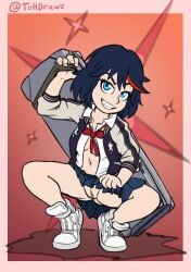 1girls 2019 absurd_res blue_eyes boots clitoris highres human kill_la_kill looking_at_viewer matoi_ryuuko no_panties pussy skirt smile solo squatting studio_trigger the_other_half vagina