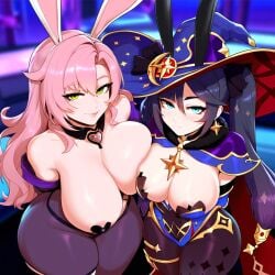 2girls animal_ears areola_slip areolae bare_shoulders black_hair blush breast_press breasts bunny_ears cape cleavage cross curvy earrings genshin_impact green_eyes hat huge_breasts jewelry large_breasts leotard long_hair looking_at_viewer mona_(genshin_impact) multiple_girls nicole_demara pantyhose pasties pink_hair purple_hair smile star_(symbol) star_pasties star_print strapless symmetrical_docking thick_thighs thighhighs twintails wide_hips witch_hat yuri zenless_zone_zero