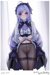 1girls black_pantyhose blush breasts closed_mouth dated female female_pubic_hair highres large_breasts long_hair long_sleeves looking_at_viewer md5_mismatch mole mole_under_eye navel no_panties paid_reward_available pantyhose pointy_ears pubic_hair purple_hair pussy pussy_juice pussy_juice_drip_through_clothes pussy_juice_trail red_eyes resolution_mismatch revision selcky sidelocks solo source_smaller standing thigh_gap thighband_pantyhose thighs underwear vivian_(zenless_zone_zero) vivian_banshee zenless_zone_zero