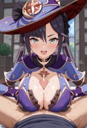 ai_generated black_hair blush boobjob clothing collar cyan_eyes edit female genshin_impact hi_res hoyoverse huge_breasts looking_at_viewer magical_girl magician magician_hat mak5555 male masturbation mihoyo mona_(genshin_impact) navel paizuri penis smile sweatdrop titjob twintails uncensored