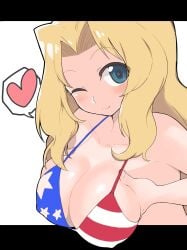 ;) absurdres american_flag american_flag_bikini american_flag_print bikini blonde_hair blue_eyes blush breast_hold breasts cleavage closed_mouth commentary female flag_print girls_und_panzer hair_intakes heart highres kay_(girls_und_panzer) large_breasts leaning_forward letterboxed long_hair looking_at_viewer one-hour_drawing_challenge one_eye_closed print_bikini skindentation smile solo spoken_heart swimsuit white_background yabai_gorilla