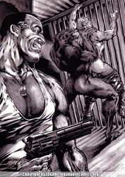 3boys anal anal_penetration anal_sex bars big boots dark-skinned_male firearm forced gay gun hairy handgun holding_weapon human interspecies logan_(artist) male male_only male_penetrating_male muscles muscular pants_down prison ranged_weapon rape revolver snarl tank_top thick_penis topless weapon werewolf