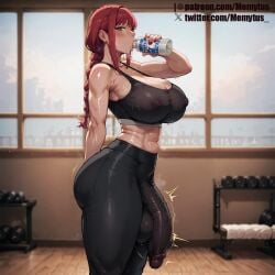 abs ai_generated bulge bulge_through_clothing chainsaw_man flaccid flaccid_penis futanari huge_balls huge_breasts huge_cock large_breasts leggings makima_(chainsaw_man) memytus milf red_hair solo_futa sweaty thick_thighs yellow_eyes