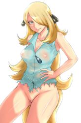 :p blonde_hair blue_eyes bottomless breasts cleavage cynthia_(pokemon) edit female female_only hair_ornament hair_over_one_eye highres human human_only large_breasts long_hair nipples pokemon pokemon_(anime) see-through smile solo tongue turizao uncensored very_long_hair