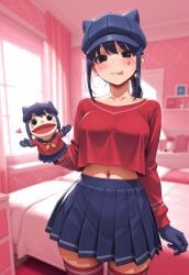 1girls bedroom belly_button blue_eyes blue_hair blush breasts cappie_(miside) choker female fully_clothed gloves hat midriff miside mita_(miside) puppet shirt skirt solo thighs tongue tongue_out