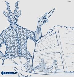 2024 all_fours antelope anthro antlers balls beastars bottomwear bovid cake canid canine canis caprine circumcised clothing cutlery dall_sheep deer dessert feet food fork genitals group hi_res horn kitchen_utensils knife legoshi_(beastars) looking_at_another louis_(beastars) male male/male mammal melon_(beastars) micro neck_tuft pants penis pina_(beastars) prosthetic prosthetic_leg prosthetic_limb scar sheep shirt sitting standing tail teaselbone teeth tools topwear tuft wolf