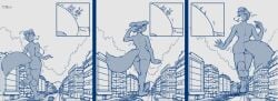 2024 anthro ass beastars between_butts canid canine canis city city_background cityscape deer extreme_size_difference female fluffy fluffy_tail gesture giantess group growth hand_gesture hi_res juno_(beastars) laugh legoshi_(beastars) louis_(beastars) macro male mammal nude outside road scratching_head size_difference tail teaselbone thumbs_up trio walking wolf