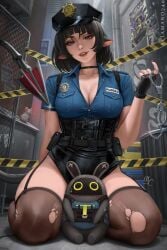 1girls animal black_hair bob_cut cleavage cop cuffs female hoyoverse jane_doe_(zenless_zone_zero) kneeling kneeling_female looking_at_viewer medium_breasts mihoyo mirco_cabbia mouse mouse_ears mouse_girl mouse_tail on_knees police police_hat police_officer police_uniform policewoman ripped_pantyhose ripped_stockings sciamano240 short_hair slim_waist tagme tail thick_thighs wide_hips zenless_zone_zero zzz