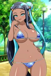 1girls alternate_version_at_source alternate_version_available big_breasts bikini blue_eyes dark-skinned_female dark_skin female female_only hoop_earrings justsayyen looking_at_viewer multicolored_hair nessa_(pokemon) pokemon pokemon_ss smile solo swimsuit two-tone_hair yensh