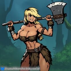 ai_generated applejack_(mlp) axe barbarian belt belt_buckle big_breasts blonde_hair cleavage darkest_dungeon forest forest_background friendship_is_magic fur_armor green_eyes holding_weapon human loincloth long_hair muscular muscular_female my_little_pony ponytail style_parody tomboy yasuhikonsfw