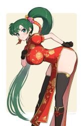 ass bending_over big_breasts china_dress chinese_clothes fire_emblem gonzarez green_eyes green_hair hand_on_butt lyn_(fire_emblem) nintendo side_view thick_thighs thighs