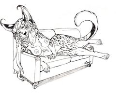 1girls anthro areola blush breasts claws digitigrade ear_up erect_nipples fangs feline female female_only flat_belly fur furry hair hands long_hair looking_down lying lynx markings medium_breasts monochrome navel nipples open_mouth plain_background pussy shebeast signature sofa solo spots tongue white_background