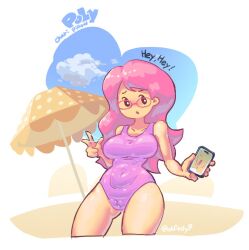 1female 1girls 5_fingers ahfkdy7 beach breasts cameltoe collarbone english_text glasses phone phone_screen picture pink_hair pussy sand swimsuit swimwear text thighs