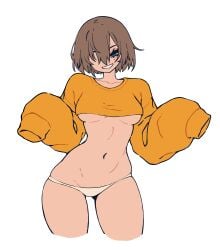 blue_eyes brown_hair dayo34 hair_over_one_eye long_sleeves navel panties standing sweater underboob