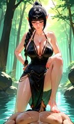 1boy ai_generated baldur's_gate_3 barefoot big_breasts black_hair braided_hair cleavage, dress elf female female_domination femdom forest shadowheart wet wet_body