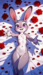 ai_generated batsmithpro bed bunny_girl female furry judy_hopps naked out reaching rose roses smile zootopia