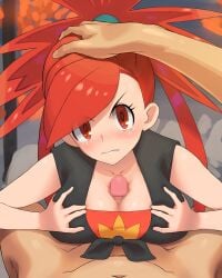 1boy black_shirt breasts censored cleavage clothed_female_nude_male collarbone commentary_request commission eyelashes female flannery_(pokemon) hand_on_another's_head hands_on_own_breasts looking_at_viewer mosaic_censoring nude paizuri paizuri_under_clothes parted_lips penis pixiv_commission pokemon pokemon_oras ponytail pov red_eyes red_hair shirt straight tied_shirt yachi_(fujiyasu0616)