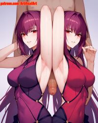 1boy 2girls ai_generated armpits artifical_art fate/grand_order fate/stay_night fate_(series) hands_behind_head long_hair penis penis_on_armpit perfect_body purple_hair red_eyes scathach_(fate)