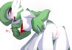 anus awkwardlytrashy blush bob_cut breasts female gardevoir green_hair hair_over_one_eye highres leaning_forward looking_at_viewer looking_back nipples open_mouth pokemon pokemon_(creature) pussy red_eyes simple_background smile white_background