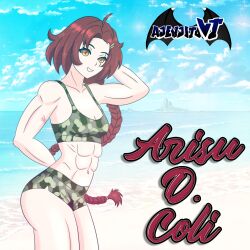 beach bikini camouflage long_braid looking_at_viewer muscular_female original_character red_hair