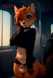 1boy ai_generated chastity_cage choker ear_piercing earrings exibitionism femboy flat_chest fox fox_ears fox_tail furry furry_only green_eyes ilfb looking_at_viewer precum public public_exposure public_indecency public_nudity short_hair skirt skirt_around_belly skirt_up standing tail trap