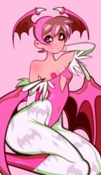 2010s 2018 alternate_color alternate_version_available arm_sleeves bare_shoulders bat_print bat_wings boots brown_hair capcom darkstalkers digital_media_(artwork) female hand_on_head lilith_aensland looking_at_viewer nipple_slip nipples on_knees pink_armwear pink_boots pink_eyes pink_leotard pink_nipples short_hair shybabs solo stockings succubus vampire_savior wing_horns