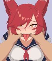 ahe_gao ahe_gao big_breasts cheating cheating_girlfriend drolling finger_in_mouth fingers grabbing_mouth league_of_legends league_of_legends:_wild_rift looking_at_viewer netorare ntr open_eyes open_mouth piercing red_hair riot_games saliva scarabeo_k school_uniform smile tongue_piercing xayah