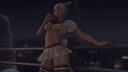 1girls 3d bikini cat_ears cat_tail dark-skinned_female dark_skin female_only female_pubic_hair final_fantasy final_fantasy_xiv hi_res kyubisan lollipop miqo'te pleated_skirt pubic_hair see-through see-through_clothing short_skirt silver_eyes silver_hair skirt solo solo_female square_enix stockings sucking_lollipop suggestive thighhighs thong thong_bikini underboob uniform y'shtola