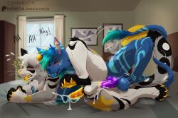 3:2 absurd_res anal anal_sex animal_genitalia animal_penis anthro balls bed bedroom black_ears blue_body blue_fur blue_hair blush bodily_fluids canid canine canine_genitalia canine_penis claws cum cum_inside cumshot darkolynx detailed_background digital_media_(artwork) duo ejaculation english_text erection fangs felid fur furniture genital_fluids genitals green_body green_fur green_hair hair hi_res huge_filesize hybrid knot male male/male male_penetrated male_penetrating mammal markings moan multicolored_body multicolored_fur nipples nude onomatopoeia open_mouth orgasm pawpads paws penetration penile penis purple_penis sabertooth_feline sex smile sound_effects tail teeth text tongue two_tone_body two_tone_fur white_body white_fur white_hair yellow_claws yellow_pawpads