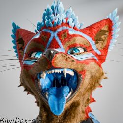 1:1 anthro blue_body blue_eyes blue_fur blue_mouth blue_tongue bodily_fluids brown_body brown_fur drooling fur hair hi_res isaacjexo jex kiwidox latex male mouth_shot multicolored_body multicolored_fur multicolored_hair muscular muscular_male open_mouth red_body red_fur rexouium saliva saliva_string solo tongue