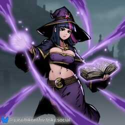 ai_generated belt belt_buckle book casting_spell cleavage darkest_dungeon glowing hair_streak holding_book human magic medium_breasts my_little_pony ponytail purple_eyes purple_hair skirt style_parody twilight_sparkle_(mlp) wizard wizard_hat wizard_robe yasuhikonsfw