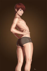 1boy androgynous ass benstilla big_ass blue_eyes brown clothes color crossdressing femboy flat_chest girly hair human looking_back male male_only nipple red_hair short_hair solo standing thick_thighs topless trap white_skin wide_hips