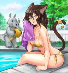 1boy 1girls 2025 artist_name bikini brown_hair cat_ears cat_tail catgirl indie_virtual_youtuber looking_at_viewer pool poolside purrnyia short_hair sultry_eyes suris towel vicedrhino virtual_youtuber vtuber wet yellow_eyes