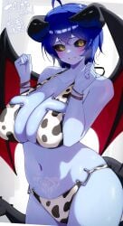 1girls ahoge animal_print astaroth_(shinrabanshou) big_breasts bikini black_sclera blue_hair blue_skin blush breasts busty colored_sclera colored_skin cow_print cow_print_bikini crossed_bangs curvaceous curvy curvy_figure cute demon_girl demon_horns demon_tail demon_wings embarrassed hands_up hi_res high_resolution highres hizake horns huge_breasts japanese_text kashu_(hizake) large_breasts print_bikini pubic_tattoo shinrabanshou short_hair simple_background skindentation solo swimsuit tail tattoo white_background wide_hips wings yellow_eyes