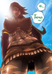 1girls abs breasts brown_hair dark-skinned_female dark_skin erect_nipples female female_only impossible_clothes large_breasts league_of_legends lens_flare long_hair muscle muscular_female nidalee ponytail pussy romehamu skirt solo tied_hair tribal