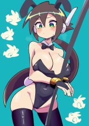 1girls aile big_breasts black_clothing black_stockings black_tie blush brown_hair bunny_ears bunny_tail bunnysuit buzzlyears green_eyes long_hair mega_man mega_man_zx