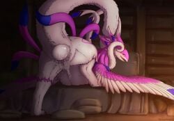 animal_genitalia cloaca dragon egg feathered_wings feathers female feral fur furred_dragon furred_scalie genitals herpydragon hi_res hybrid looking_at_viewer mythological_creature mythological_scalie mythology oviposition pink_body pink_eyes pink_fur scalie solo white_body white_fur wings