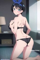 1girls ai_generated ass bedroom black_underwear happy kanojo_okarishimasu looking_back sarashina_ruka smile underwear