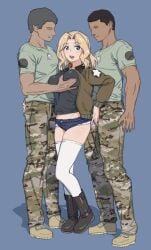 2boys black_shirt blonde_hair blue_background blue_eyes blue_shorts blush breasts female girls_und_panzer grabbing_another's_breast groping highres huaronanago kay_(girls_und_panzer) large_breasts long_hair looking_at_viewer military_uniform multiple_boys open_mouth saunders_military_uniform shirt short_shorts shorts simple_background straight thighhighs white_thighhighs