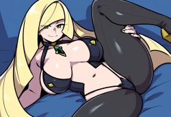 ai_generated bed bedroom big_breasts blonde_hair female large_breasts lusamine_(pokemon) mature_female milf mullon novelai pokemon pokemon_sm reverse_bunnysuit smile