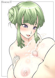 areola areolae blush breasts censored cum cum_on_body cum_on_breasts cum_on_upper_body ejaculation female hornet_(artist) huge_breasts mangana nipple nipples open_mouth paizuri penis purple_eyes smile