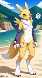 1girls 2025 ai_generated anthro beach black_sclera blue_eyes blushing breasts confused curvy_figure detached_sleeves digimon digimon_(species) digitigrade female female_only hi_res innie_pussy looking_at_viewer nipples nude nude_female pink_nipples pussy question_mark renamon seaside small_breasts white_fur yellow_fur