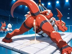 ai_generated bondage cum cum_in_ass digimon guilmon red_body tied_body