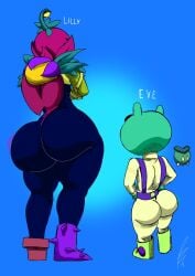 2girls alien alien_girl ass_chart bendraws big_ass big_butt brawl_stars bubble_butt clothed clothed_female dark_blue_skin eve_(brawl_stars) flower green_skin huge_ass leaf leaf_on_head leafs lily_(brawl_stars) massive_ass plant plant_girl plant_humanoid pot size_difference supercell thorn vine vines