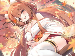 1girl :d absurdres animal_ear_fluff animal_ears autumn autumn_leaves bench blush breasts brown_eyes brown_hair cleavage day detached_collar falling_leaves fox_ears fox_tail hair_ribbon highres index_finger_raised japanese_clothes kimono kitsune lap_pillow_invitation leaf long_hair maple_leaf maple_leaf_hair_ornament natsuki_marina open_mouth original outdoors red_ribbon ribbon sitting smile solo tail thighhighs thighs tree very_long_hair white_kimono white_thighhighs wide_sleeves