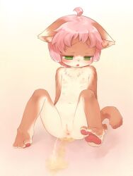 2025 anus cub ears_down female flat_chest flat_chested fur furry gradient_background green_eyes innie_pussy looking_down open_mouth peeing peeing_on_floor peeing_self pink_nipples pussy slight_blush spread_legs urine