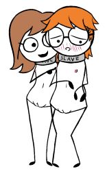 2girls 4chan anonymous_artist blush_lines collar easily_enslaved_clerk_gf_(4chan) female navel pussy simple slave_gf_(4chan) transparent_background