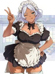 1girls ;q alternate_costume apron black_dress breasts cleavage commentary_request dark-skinned_female dark_skin dress enmaided female_focus grey_hair gundam gundam_suisei_no_majo hand_on_own_hip highres large_breasts looking_at_viewer maid maid_apron maid_headdress mizuno374 one_eye_closed parted_bangs secelia_dote short_hair smile solo thighhighs tongue tongue_out twitter_username v white_thighhighs wink