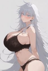 big_breasts black_bra black_panties blue_eyes blush busty gojou_satoru jujutsu_kaisen looking_at_viewer white_hair zzyros